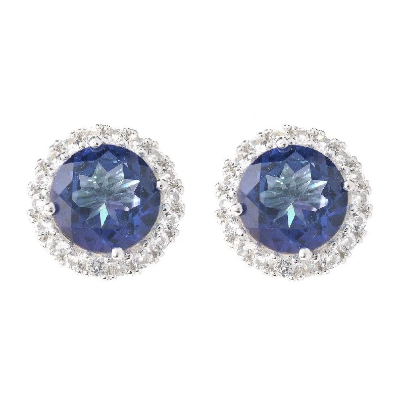 Ster Silver Blue Tourmaline Topaz & White Topaz Halo Stud Earrings