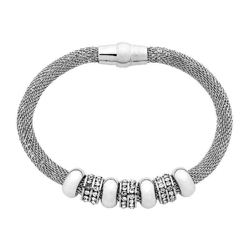 Stainless Steel Crystal/Plain Lucky Ring Mesh Bracelet