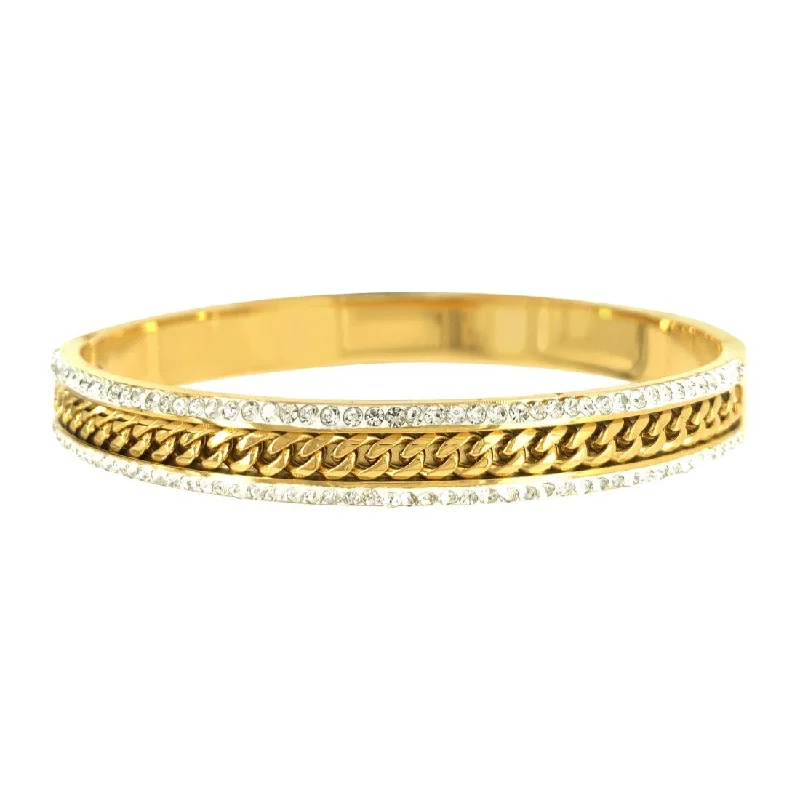 Two Row Pave Crystal Bangle in Gold Stainless Steel