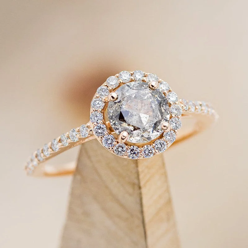 "AURORA" - ROUND CUT SALT & PEPPER DIAMOND ENGAGEMENT RING WITH DIAMOND HALO