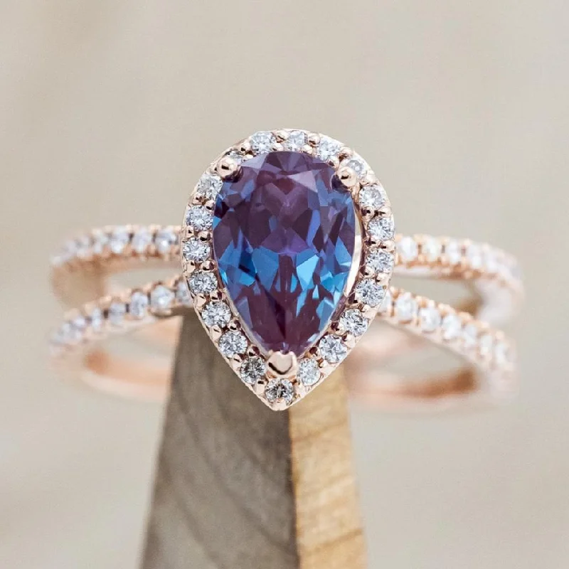 "NALA" - PEAR CUT LAB-GROWN ALEXANDRITE ENGAGEMENT RING WITH DIAMOND HALO & ACCENTS