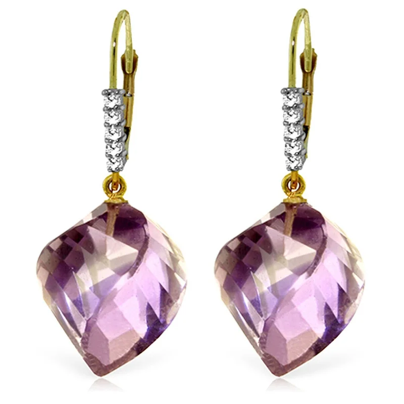 21.65 Carat 14K Solid Gold Earrings Diamond Briolette Amethyst