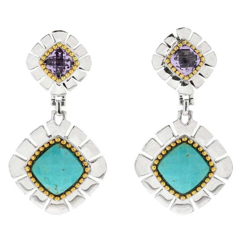 925 Sterling Silver Pink Amethyst and Tyrone Turquoise Drop Earrings