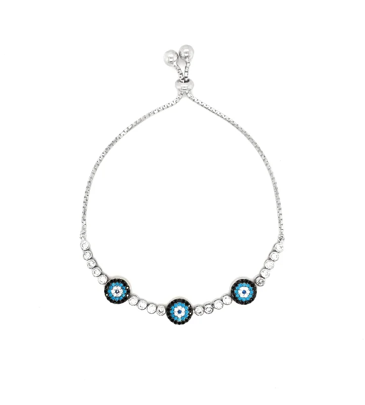 Evil Eye Cubic Zirconia Bolo Bracelet in Sterling Silver