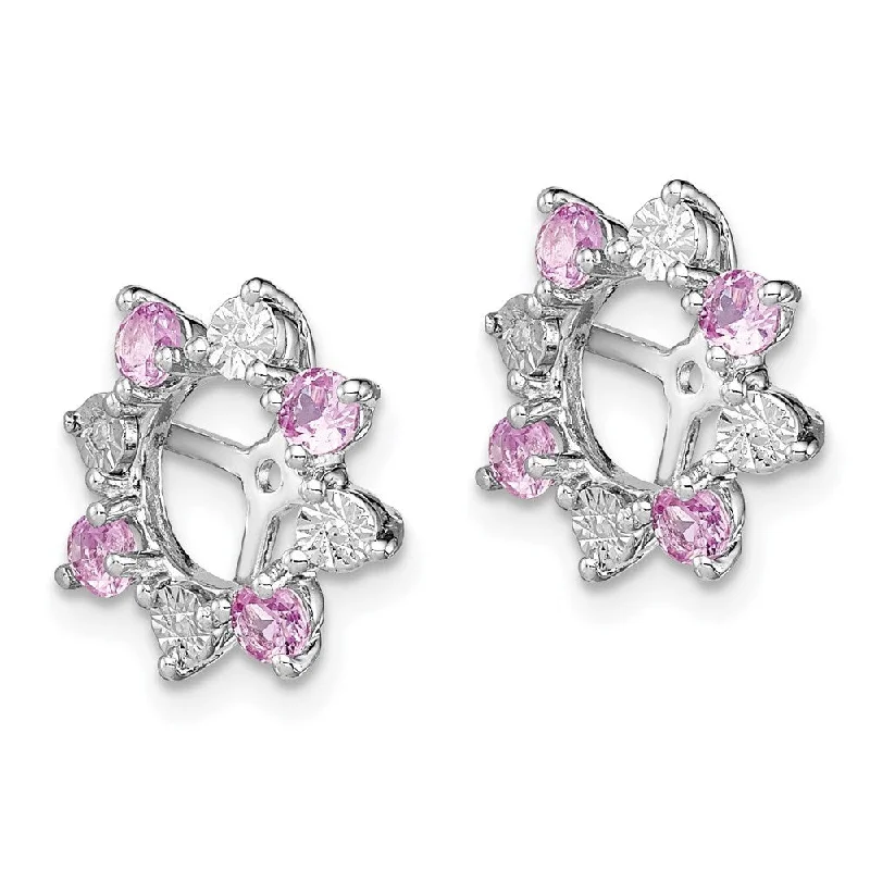 925 Sterling Silver Diamond Created Pink Gemstone Jacket Stud Earrings (L-13 mm, W-13 mm)