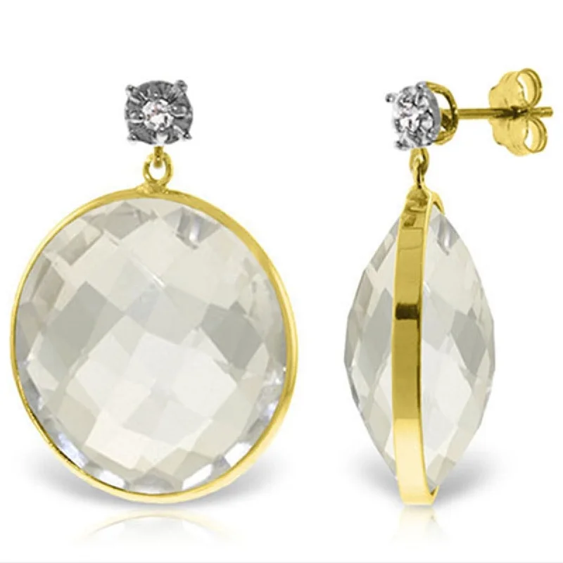 14K Solid Gold Diamonds Stud Earrings w/ Dangling Round White Topaz