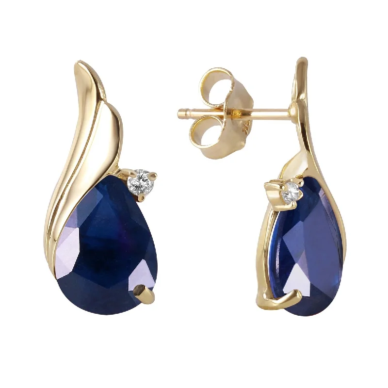 14K Solid Gold Studs Earrings Natural Diamond & Sapphire Certified