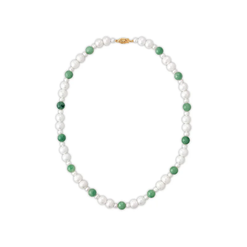 8MM Round Jade and Fresh Water Pearl 18-inch Necklace in 14KT Yellow Gold