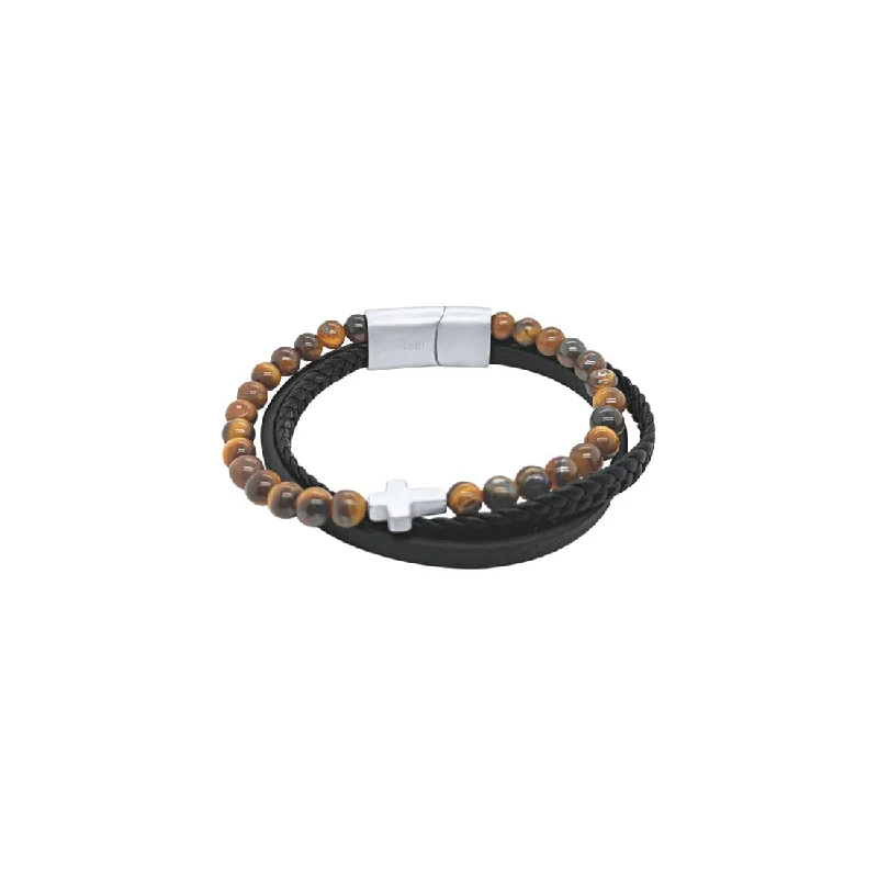 Men's Black Leather Bracelet with Brown Beads and Stainless Steel