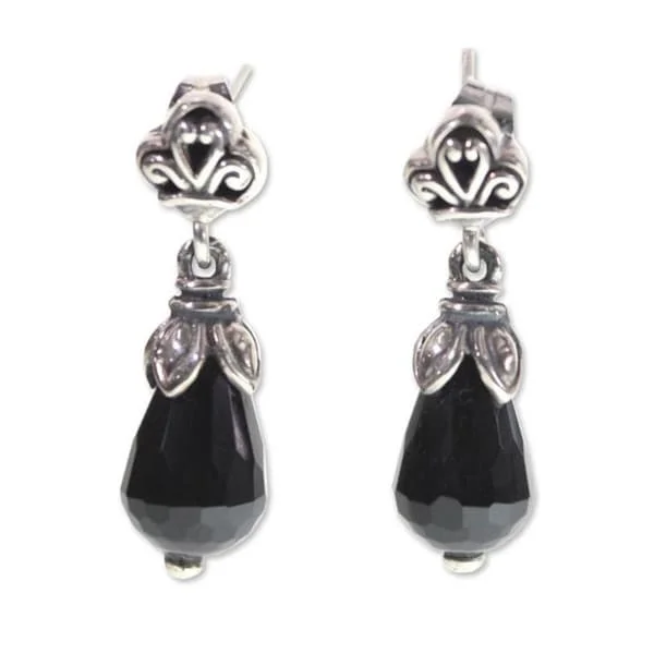 Handmade Sterling Silver 'Floral Celebration' Onyx Earrings (Indonesia)