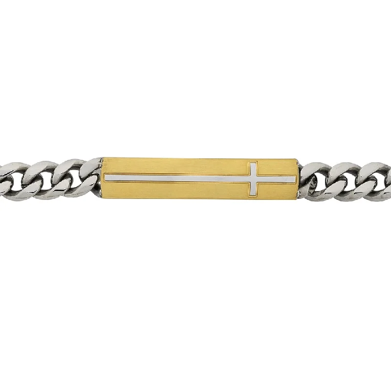 Stainless Steel Yellow ID Cross Mens Bracelet