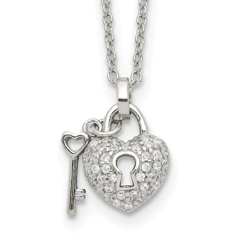 Sterling Silver Cubic Zirconia 16.5-inch Heart Lock and Key Necklace