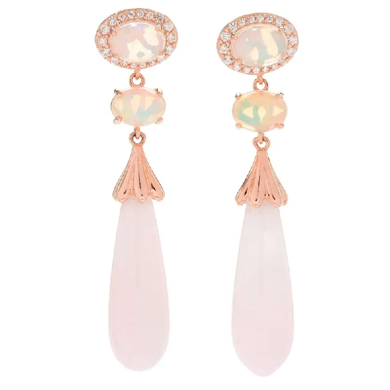 Ethiopian Opal, Rose Quartz & White Zircon Drop Earrings