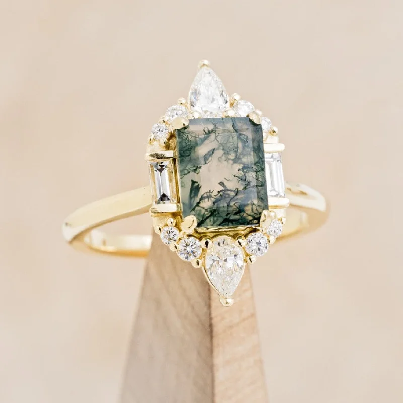 "NEFERTITI" - EMERALD-CUT MOSS AGATE ENGAGEMENT RING WITH DIAMOND ACCENTS