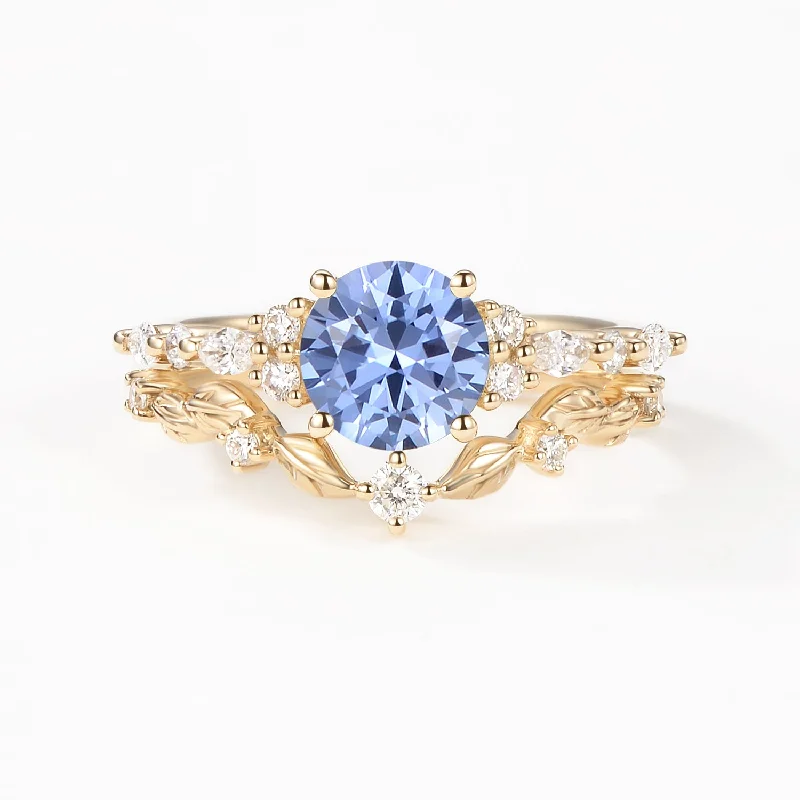 Round Shaped Leafy Cornflower Blue Lab Sapphire Engagement Ring Sets - Sarah