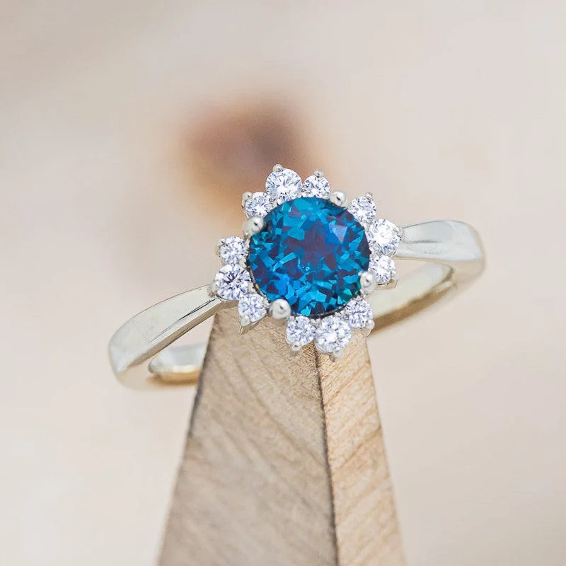 "HALLEY" - ROUND CUT LAB-GROWN ALEXANDRITE ENGAGEMENT RING WITH A DIAMOND HALO