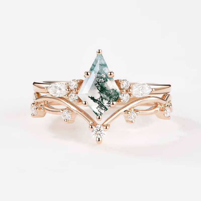 Moss Agate Leafy Cluster Engagement Ring Sets 2pcs