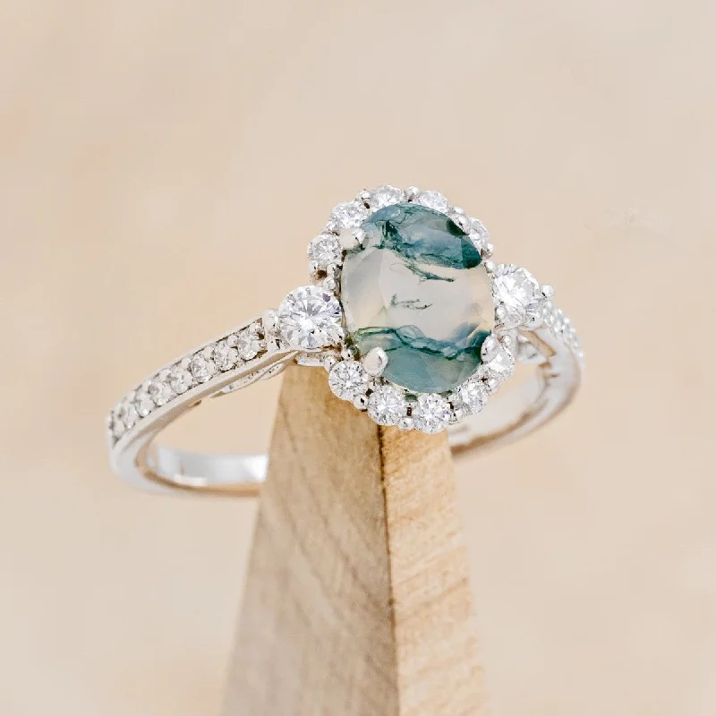 "OPHELIA" - OVAL MOSS AGATE ENGAGEMENT RING WITH DIAMOND HALO & ACCENTS