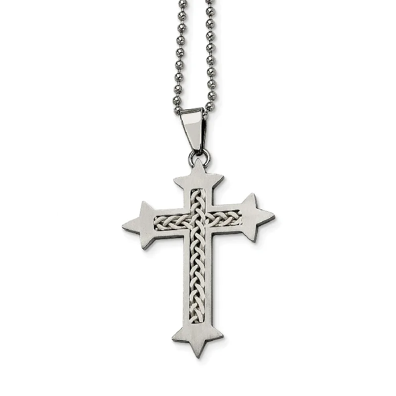 Stainless Steel Silver Inlay Cross Pendant 24in Necklace