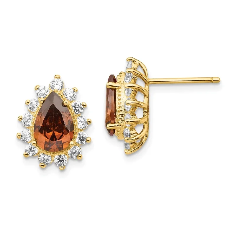 Sterling Silver Gold Plated CZ & Brown CZ Stud Earrings (L-14.37 mm, W-11.33 mm)