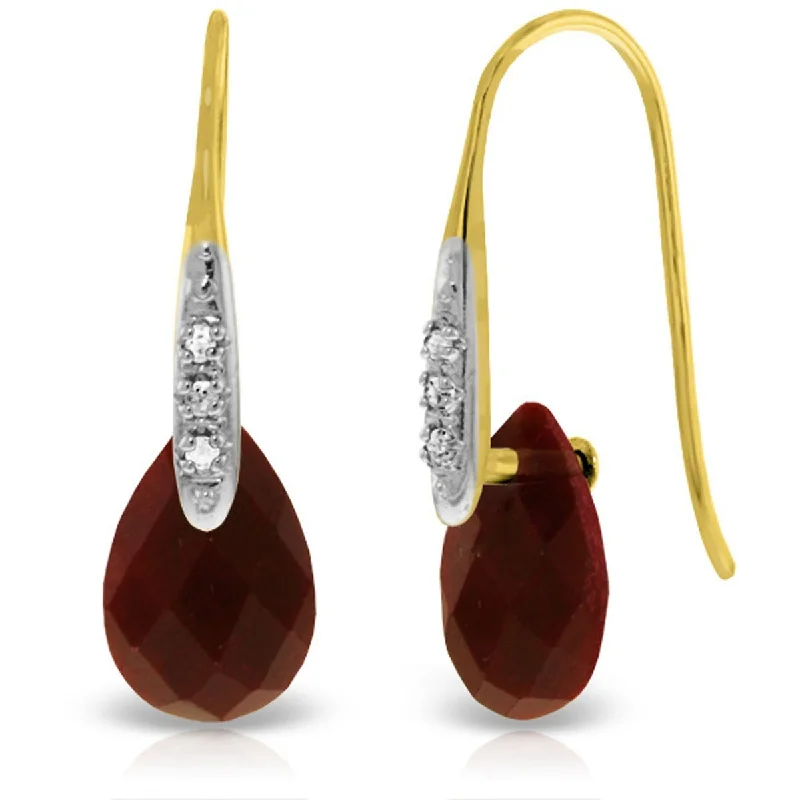 14K Solid Gold Fish Hook Earrings w/ Diamonds & Dangling Dyed Rubies