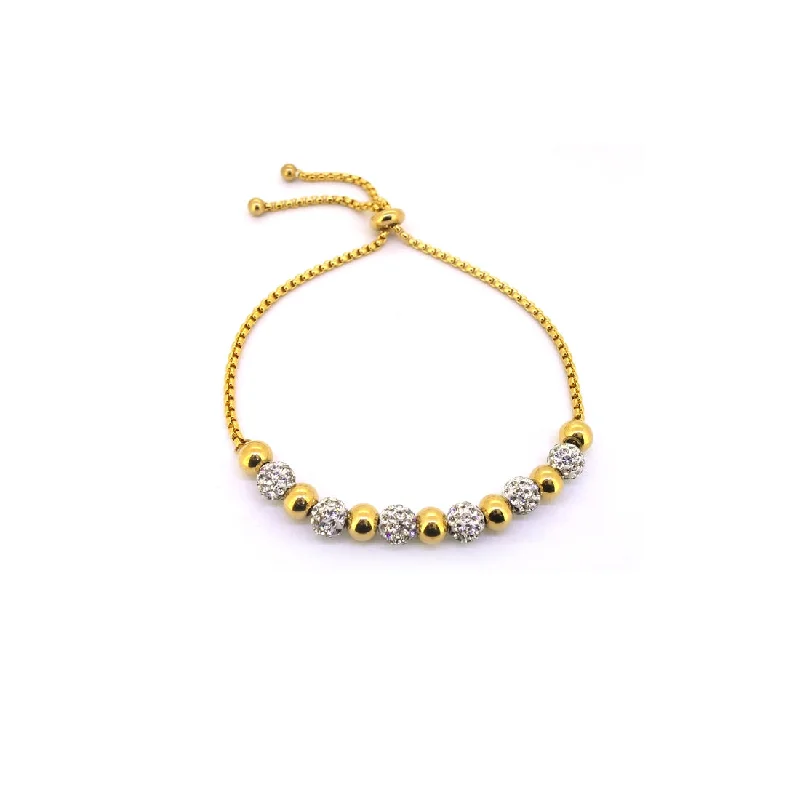 Stainless Steel Yellow and Crystal Pave Bolo and Plain Ball Bracelet