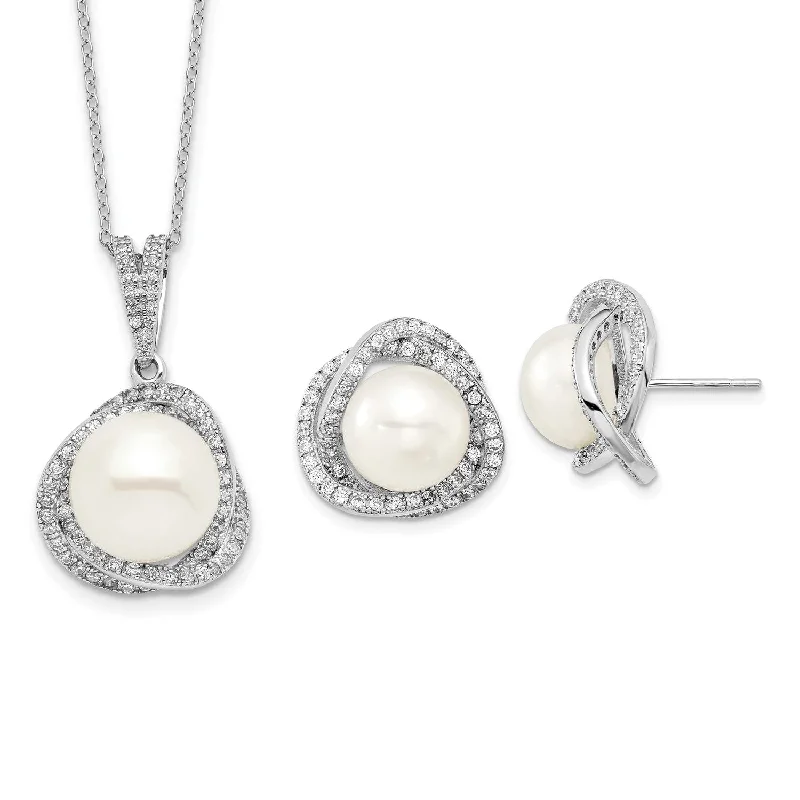 Pearl and Cubic Zirconia Pendant Earrings Set in Sterling Silver