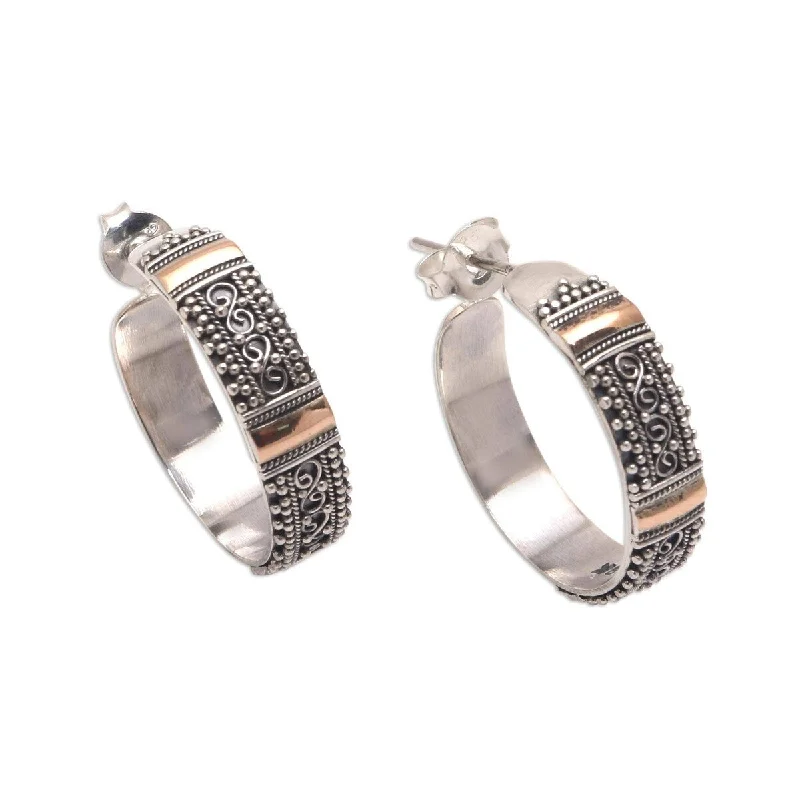 NOVICA Traditional Curves, Gold accented sterling silver half-hoop earrings - 0.8*0.2