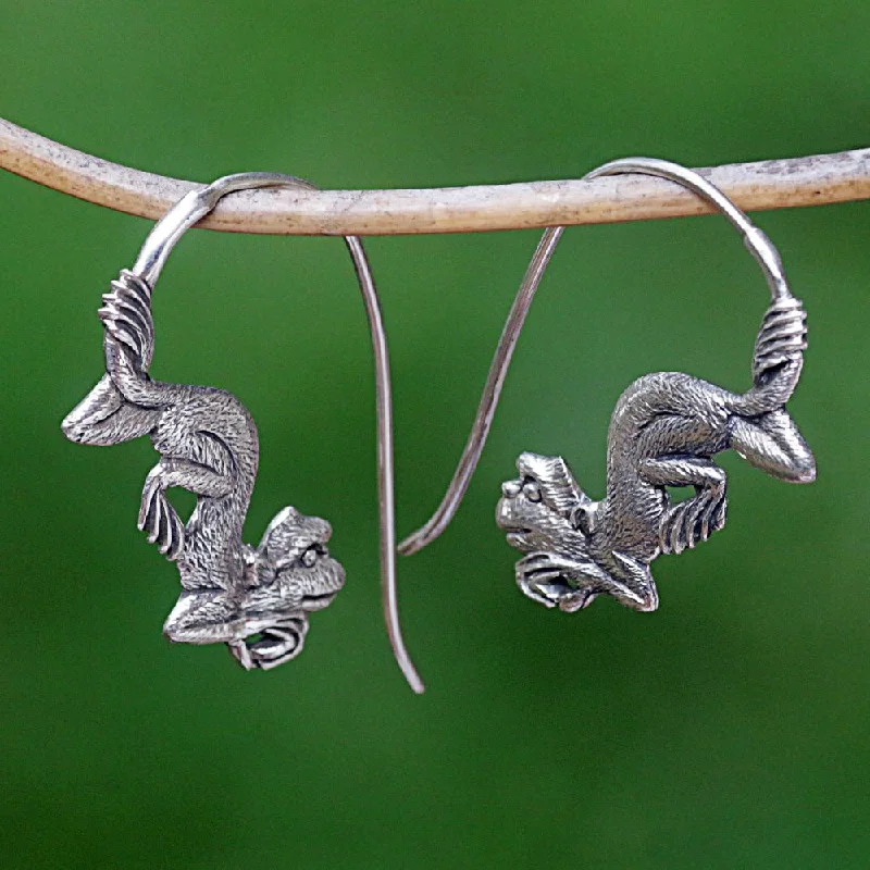 Handcrafted Sterling Silver 'Reposing Monkey' Earrings (Indonesia) - 1.2