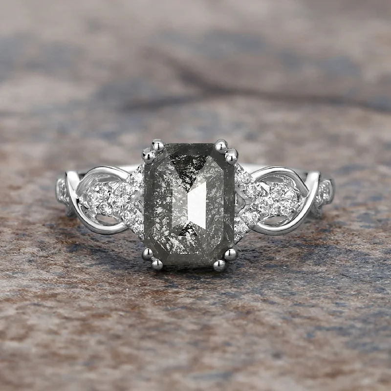 Cushion Cut Salt and Pepper Diamonds Vintage Engagement Ring