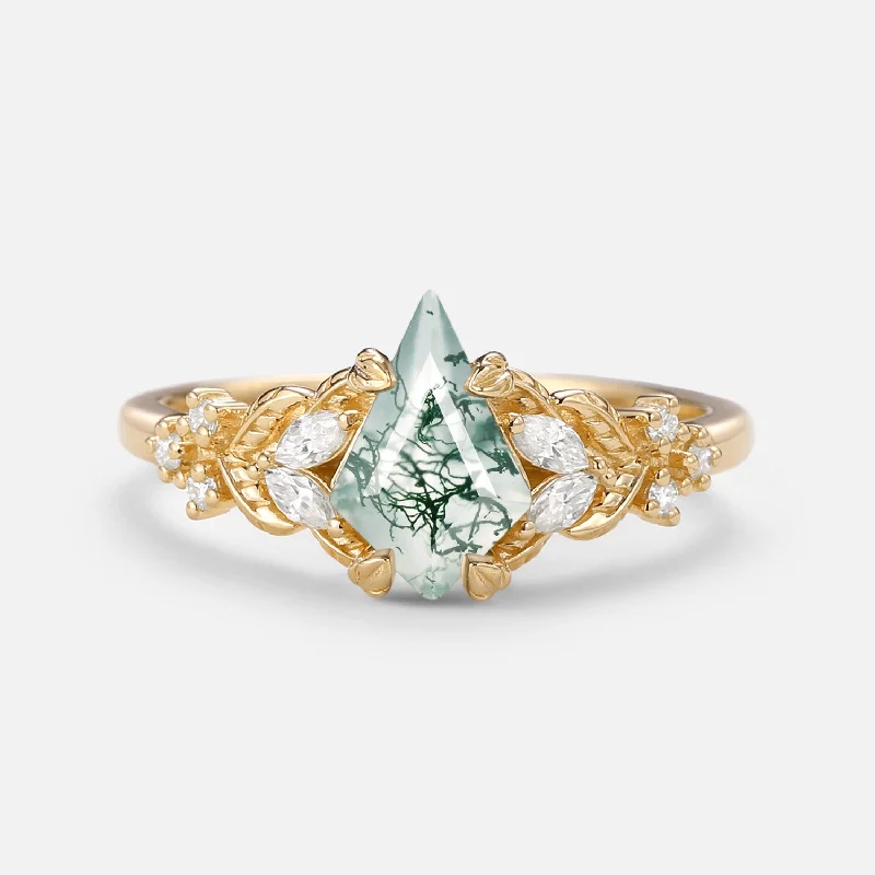 Kite Cut Moss Agate Vine Leafy Gold Engagement Ring