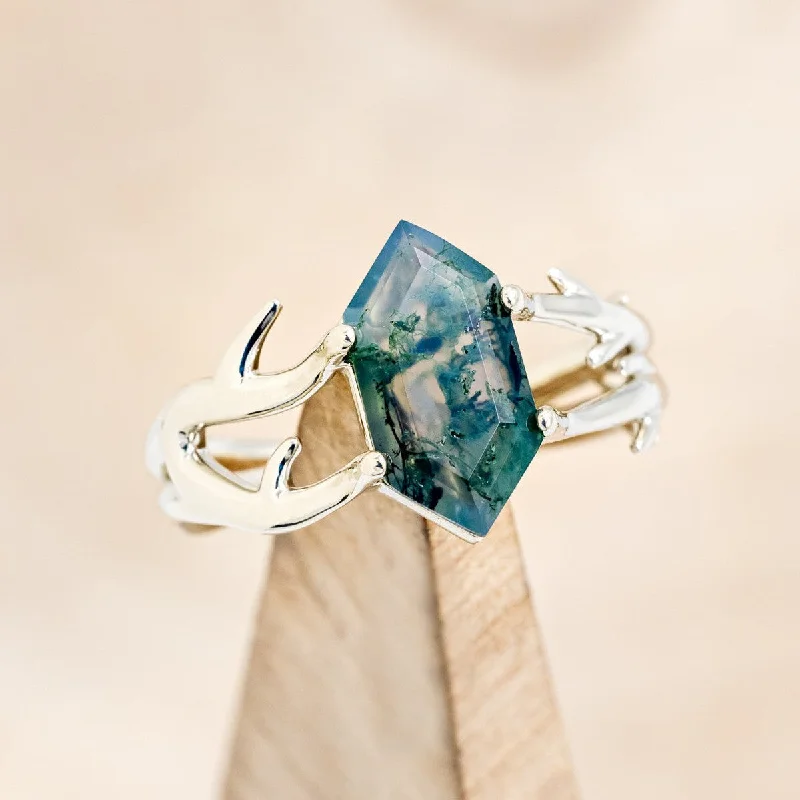 "ARTEMIS" - ELONGATED HEXAGON MOSS AGATE ENGAGEMENT RING WITH AN ANTLER STYLE BAND