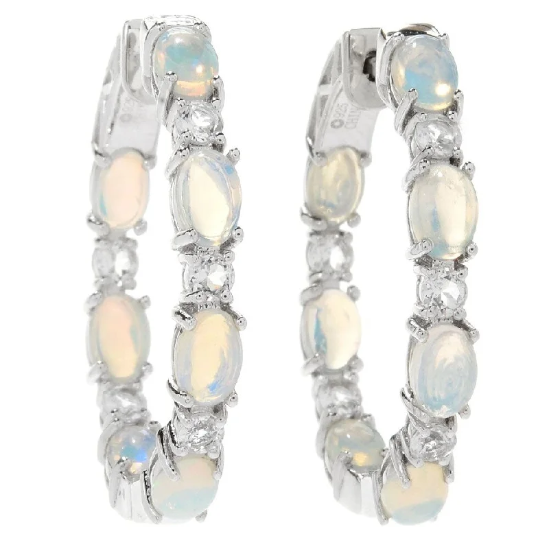 Sterling Silver 1.25" Ethiopian Opal & White Topaz Hoop Earrings