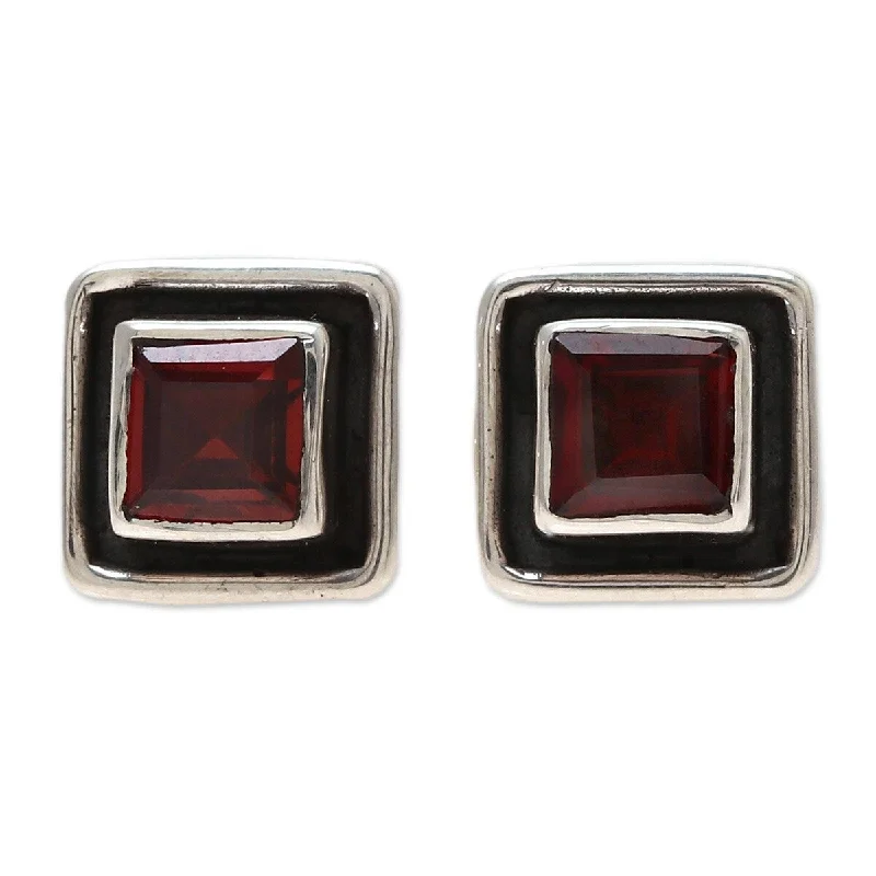 NOVICA Fire Frame, Garnet stud earrings - 0.4*0.4