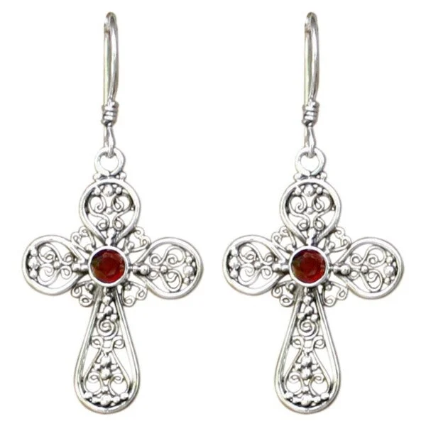 Handmade Floral Cross Sterling Silver Garnet Dangle Earrings (Indonesia)