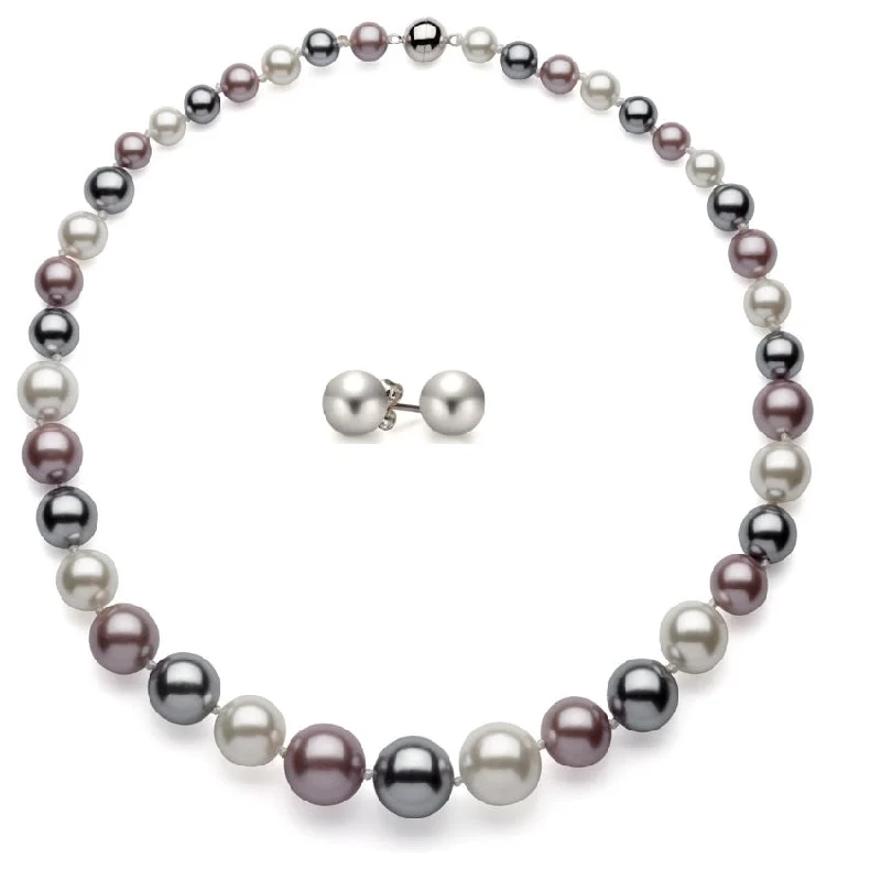 Round Shell Pearl Gem Stone Box Set 18-inch Necklace in Sterling Silver