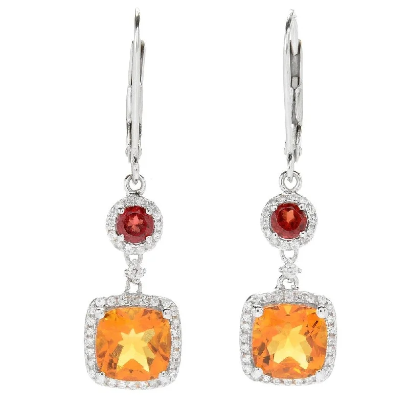 Sterling Silver Two Tone Cushion Cut Lever Back Earrings with Citrine and Mozambique Garnet