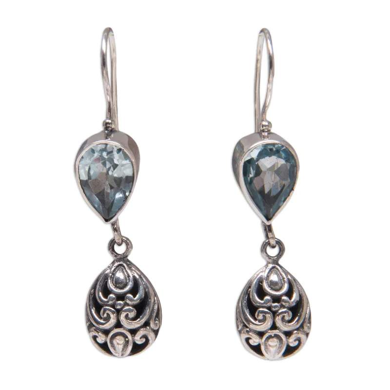 Handmade Sterling Silver Lotus Bud Blue Topaz Earrings (Indonesia)