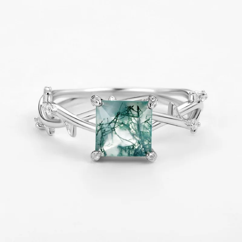 Princess Cut Moss Agate Leafy Engagement Ring