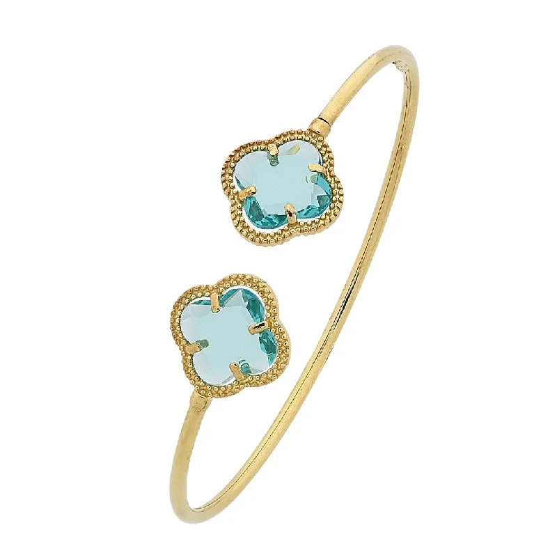 9ct Yellow Gold 4 Leaf Clover Blue Stone Cuff Bangle