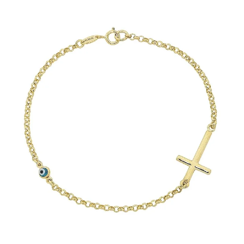 9ct Yellow Gold Cross & Evil Eye Bracelet