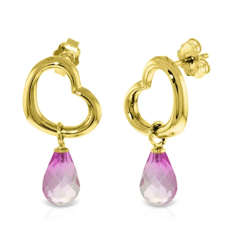 14K Solid Gold Heart Gemstone Earrings w/ Dangling Natural Pink Topaz