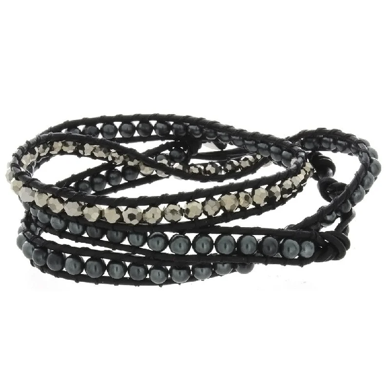 WRAP LEATHER HEMATITE ROUND BRACELET