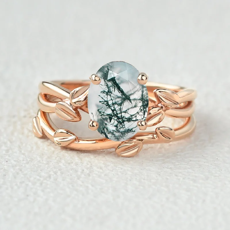 Twisted Leaf Oval Moss Agate Engagement Ring Sets 2pcs