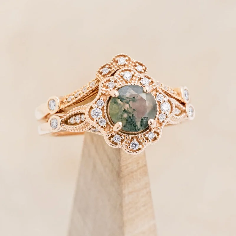 "EILEEN" - ROUND CUT MOSS AGATE ENGAGEMENT RING WITH DIAMOND ACCENTS & TRACER