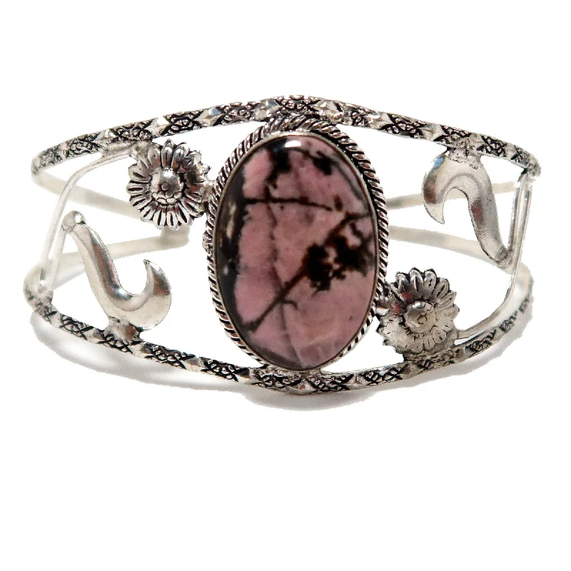 Rhodonite Bracelet Cuff Pink Flowers Sterling Silver