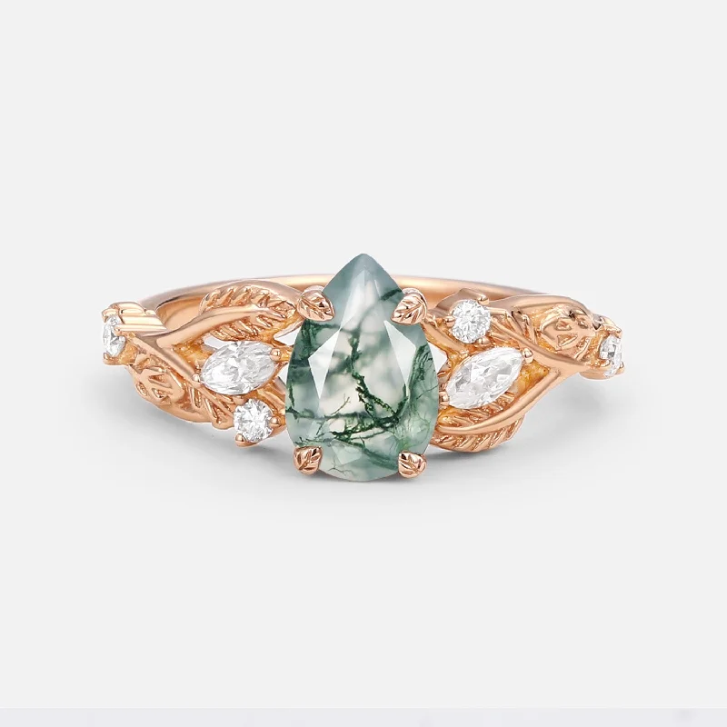 Pear Shaped Moss Agate Leafy Wedding Engagement Ring