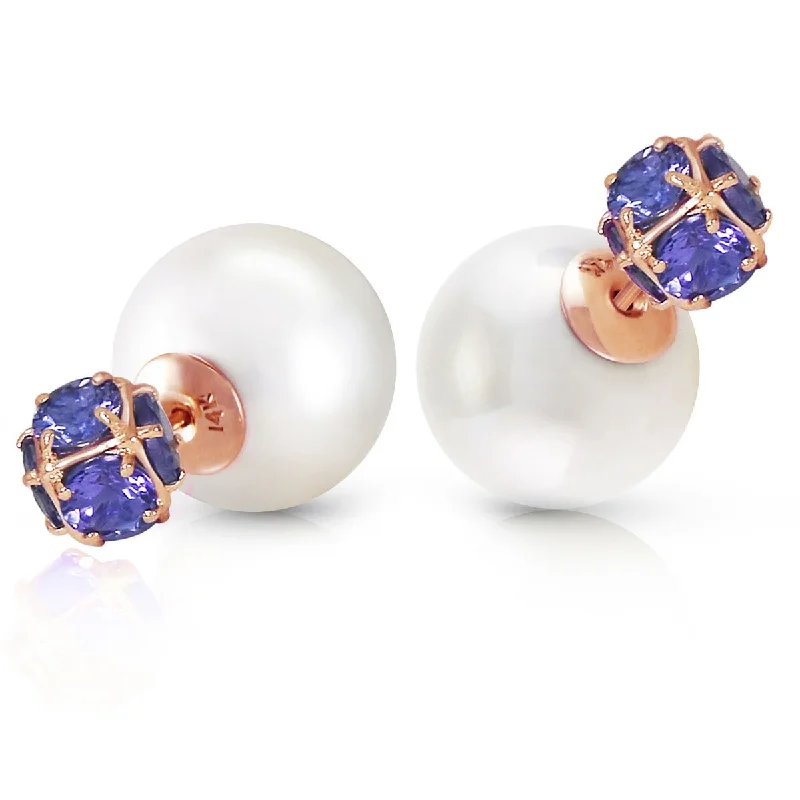 14K Solid Gold Tribal Double Shell Pearls And Tanzanites Stud Earrings