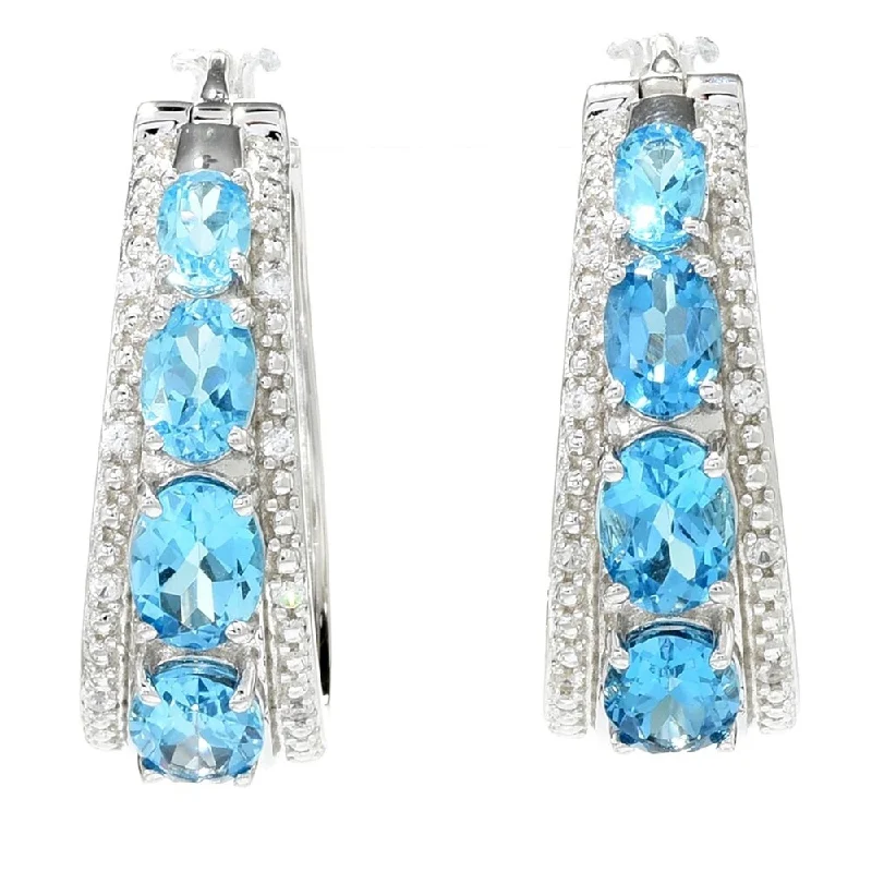 Sterling Silver 1.25" Blue Topaz & White Zircon Hoop Earrings