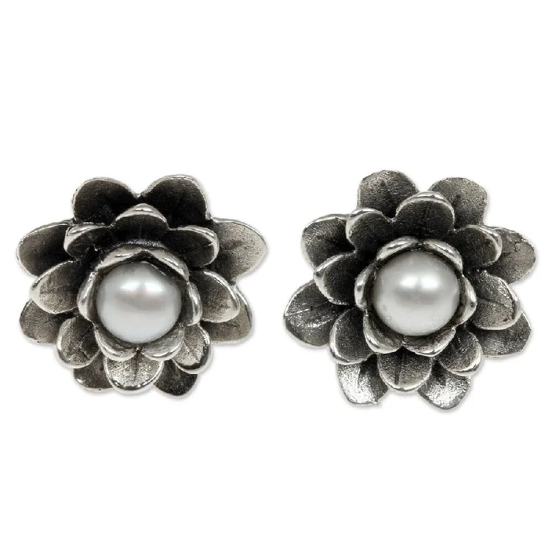 NOVICA Handmade Lotus Freshwater Pearl with Flower Earrings (Indonesia) - 0.5*0.5